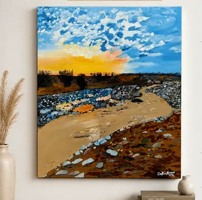 Original Landscap oil Painting - stony stream at dusk