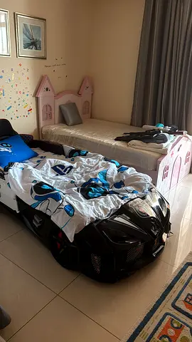 Kids Black Sports Car Bed with Bedding - Good Condition