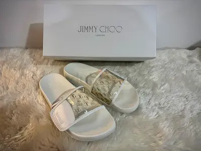 Jimmy Choo White Logo Slide Sandals - Size 37