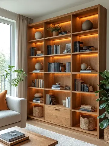 Solid Oak Large Bookshelf with Built-in Lighting — Excellent Condition