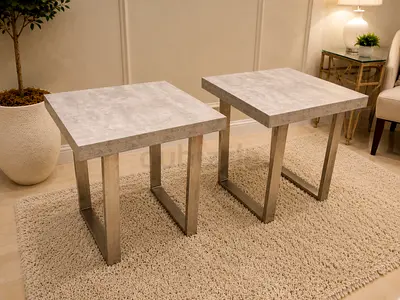 Modern Pair square side table with metal base and stone-effect top