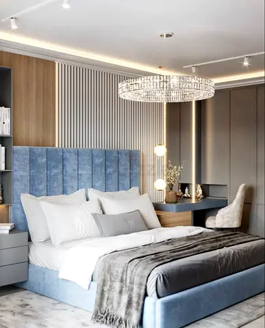 Modern Blue Upholstered Bed and Bedroom Furniture
