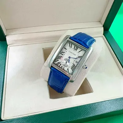 Cartier-style Rectangular Mens Watch with Blue Leather Strap