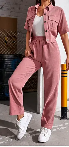 Pink Two-Piece Co-Ord Set — Cropped Shirt  High-Waist Trousers (Size S/M)