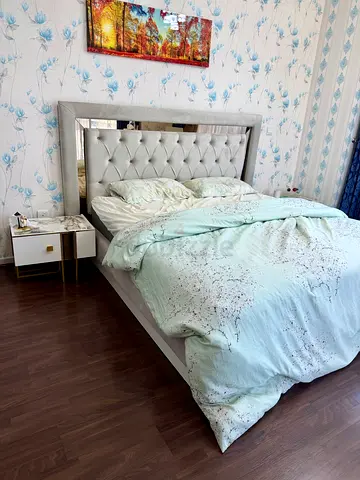 Storage hydraulic bed with mattress. Modern White and Gold Dressing Table with Mirror and Stool