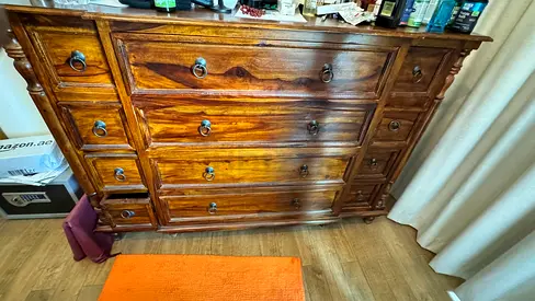 Solid Wood Large Dresser and antique table with 6 chairs,  4 poster bed with matress for sale