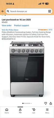 Midea 60x60cm Freestanding Gas Cooker with 4 Burners and Oven — Used, Good Condition