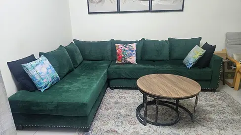 Green L-shaped Velvet Sofa — Good Condition