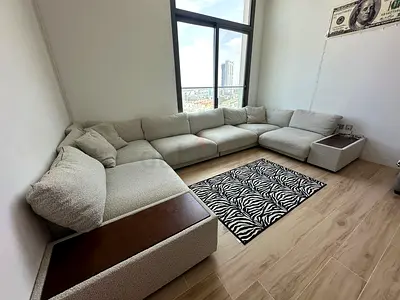 Large L-shaped Beige Fabric Sectional Sofa with Built-in Side Table