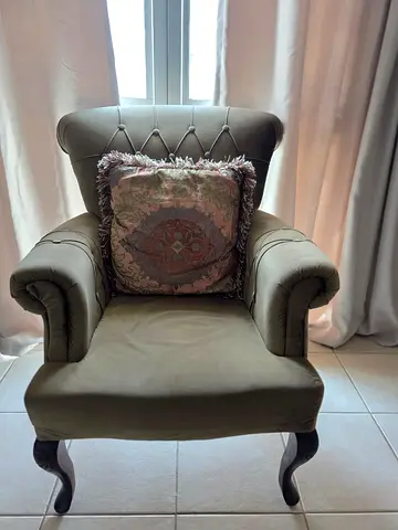 Olive-green velvet accent Sofa Chair with very comfortable seating  in excellent condition