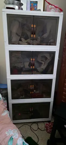 5 Tir White tall storage cabinet with Plastic doors — good condition