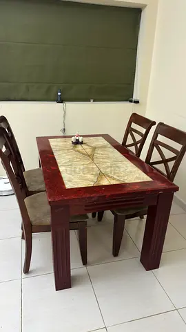 Wooden 4-Seater Dining Table with Marble Inlay - Good Condition