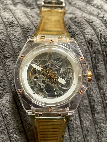 Police Skeleton Mechanical Watch with Gold Accents