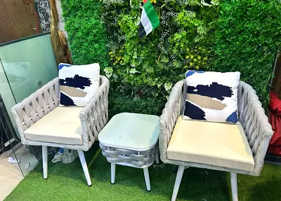 Pair of Outdoor Woven Armchairs with Matching Side Table - Light Grey