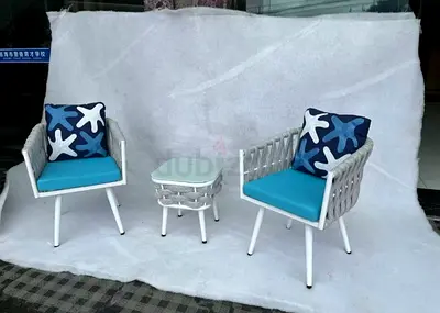Outdoor/Patio 2-Seater Rope Wicker Chairs with Side Table - White  Blue