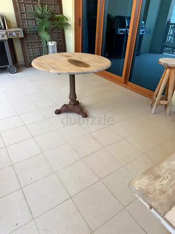 Rustic Round Wood Table with Cast Iron Base