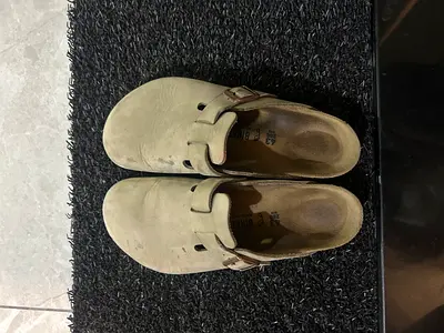 Used Birkenstock-style tan clogs, size 43 (comfortable casual)