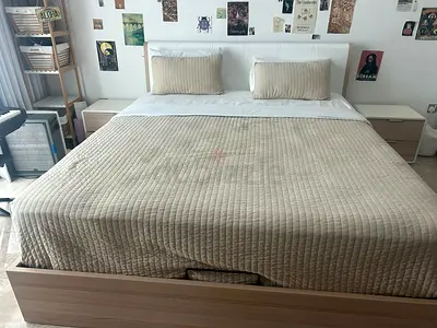 King size bed frame with headboard and under-bed storage - light wood