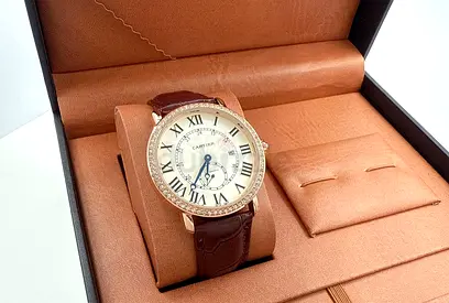 Cartier-style Mens Leather Strap Watch with Roman Dial and Diamond Bezel