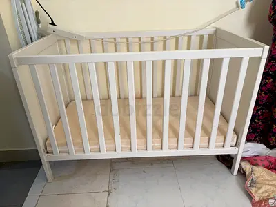 White Wooden Baby Crib - Single Mattress Included, Good Condition with all the water proof cover