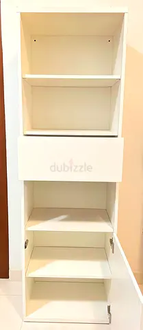 White Narrow Bookcase with Shelves and Storage Cabinet