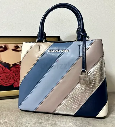 Michael Kors striped leather satchel handbag - navy / silver / beige
