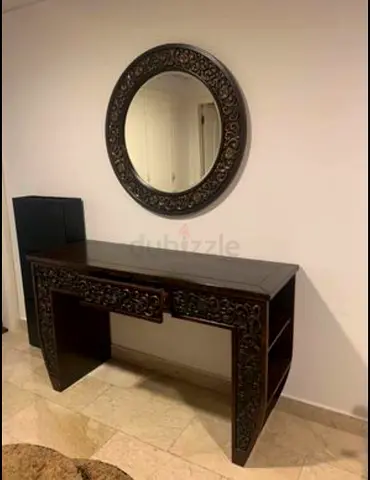 Solid Wood Console Table with Drawer and Matching Round Mirror - Dark Finish