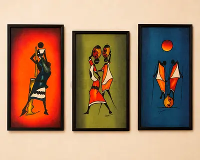 Set of 3 framed Kenyan batik artworks – authentic brought from Kenya, custom framed