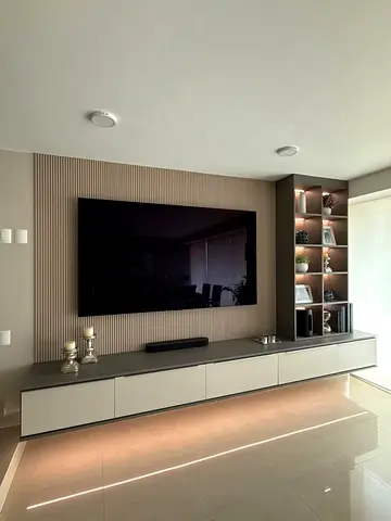Wall mounted tv unit with panels and storage cabinet