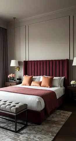 Modern Burgundy Velvet Upholstered Bed Frame with Tall Headboard