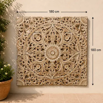 Hand-carved 180x180 cm Decorative Wooden Wall Panel - Floral Mandala Design