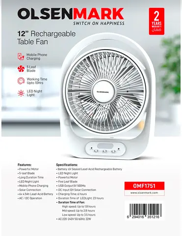 Olsenmark 12 Rechargeable Table Fan with Solar Panel - White