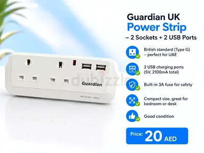 Guardian UK Power Strip — 2 Sockets + 2 USB Ports (Type G) — Good Condition