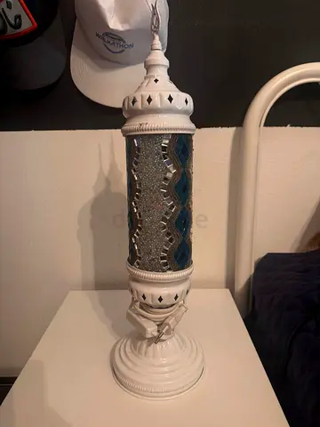 Handmade Mosaic Table Lamp - White Base with Blue/Gray Glass