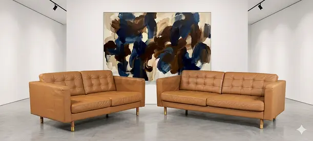 Pair of Mid-Century Style Tan Leather Sofas — 2-Seater Set