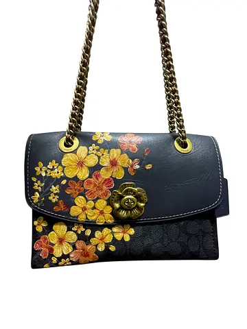 Navy Floral handmade painting Leather Shoulder Bag with Chain Strap