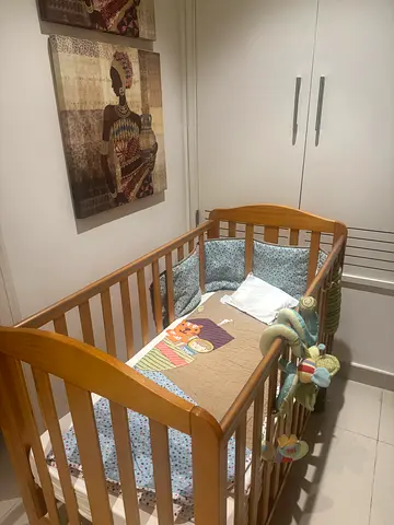 Wooden Baby Crib with Mattress and Mobile - Good Condition