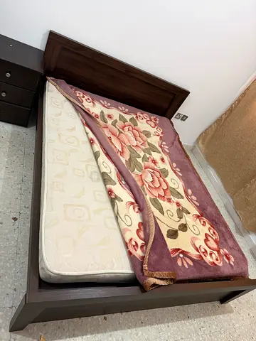 Dark Wood Single Bed Frame with Headboard and Mattress