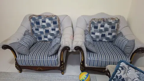Pair of Classic Upholstered 7 seater Sofas with Wooden Trim - Good Condition