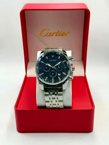 Cartier stainless steel mens chronograph watch with blue dial