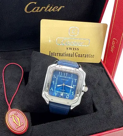 Cartier Santos-style Blue Dial Leather Strap Watch with Box and Papers