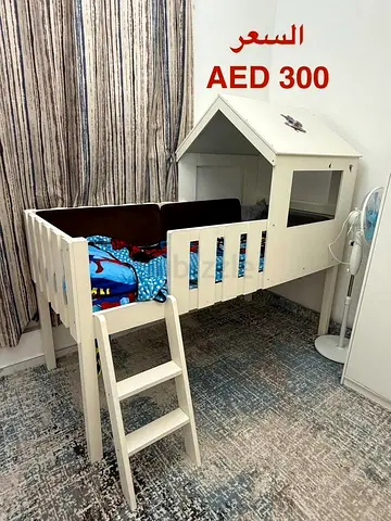 White Wooden Kids Loft Bed with Playhouse Roof — Good Condition