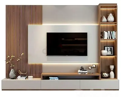 Modern TV Wall Unit with Shelves and LED Lighting - Wood  White Finish