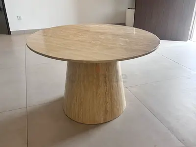 Round Marble Dining Table with Pedestal Base - Light Travertine Finish Good for Four chairs