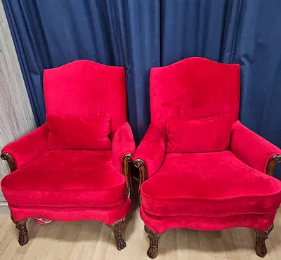 Pair of Vintage Style Red Velvet Armchairs and flower chair