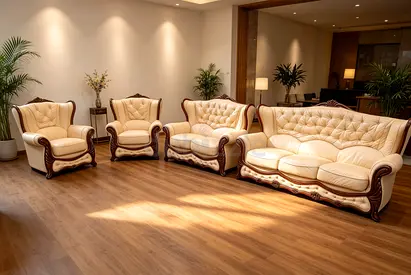 Classic Cream Leather Sofa Set with Wood Trim - 3+2+1+1 Seating