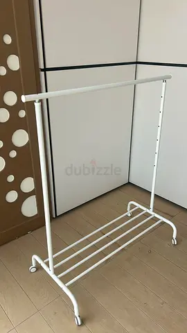 White Metal Garment Rack with Wheels and Shoe Shelf - Good Condition