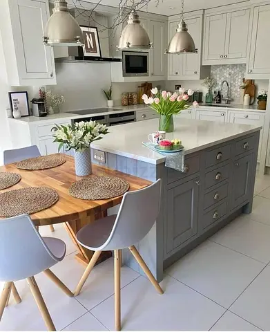 Modern Grey Kitchen Island with Built-in Drawers (Includes Dining Extension)