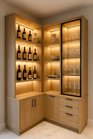 Corner Wooden Display Cabinet with LED Shelves and Glass Door