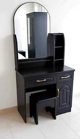 Black Wooden Dressing Table with Mirror and Stool - Good Condition